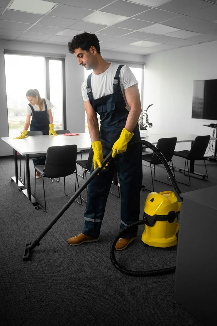 full shot photo of staff cleaning office