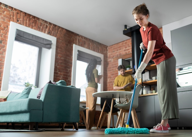 people cleaning room together