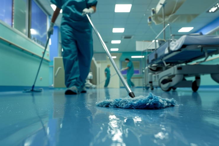 hospital sanitation staff mopping floor