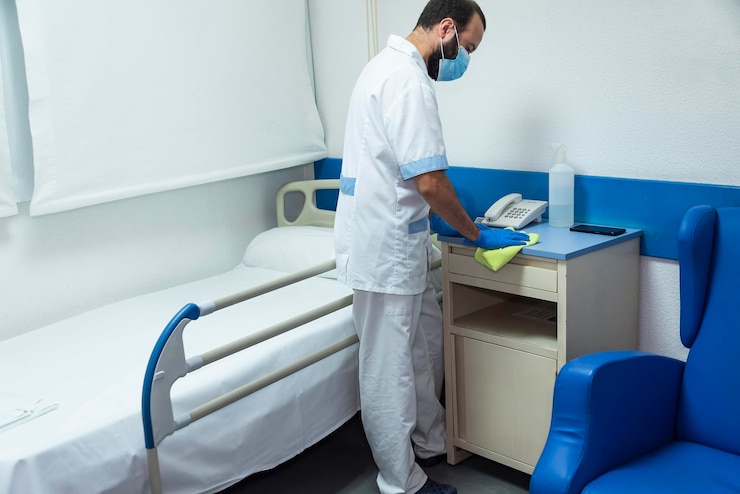 hospital worker cleaning patient room