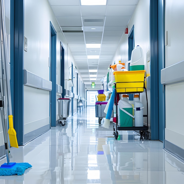 janitorial cart with mop bucket cleaning supplies