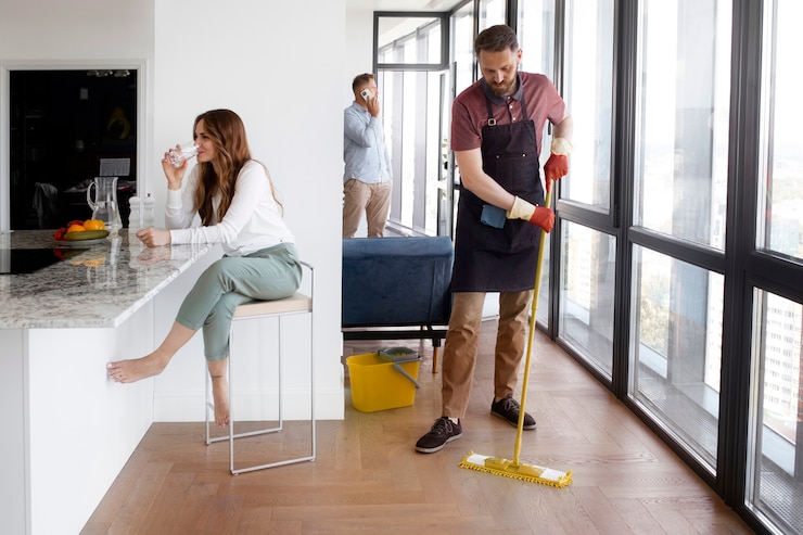 man servant cleaning house