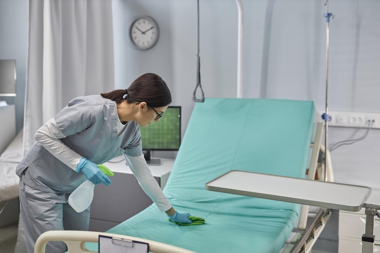 nurse cleaning bed with sanitizer ward london