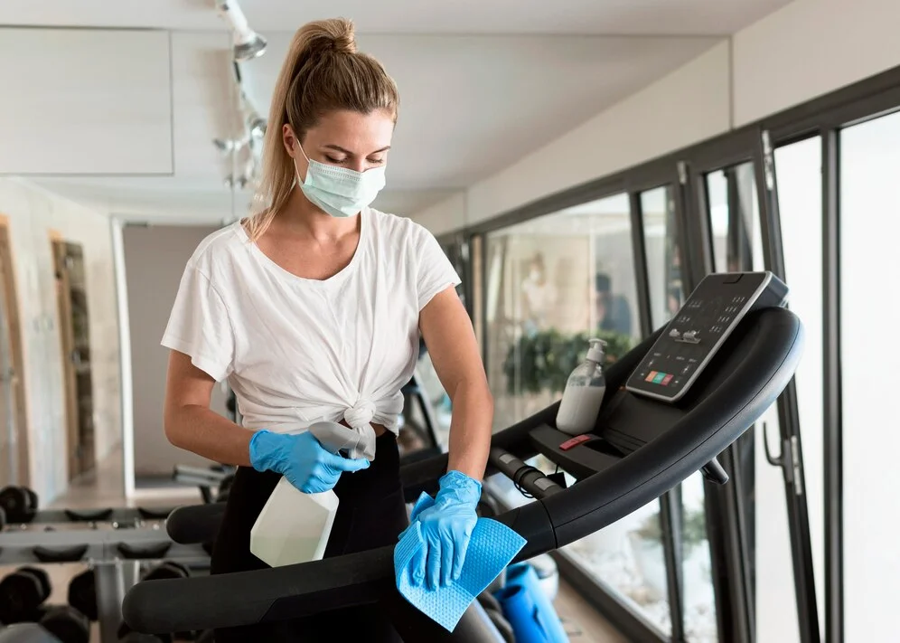 woman with medical mask cleaning solution disinfecting gym equipment
